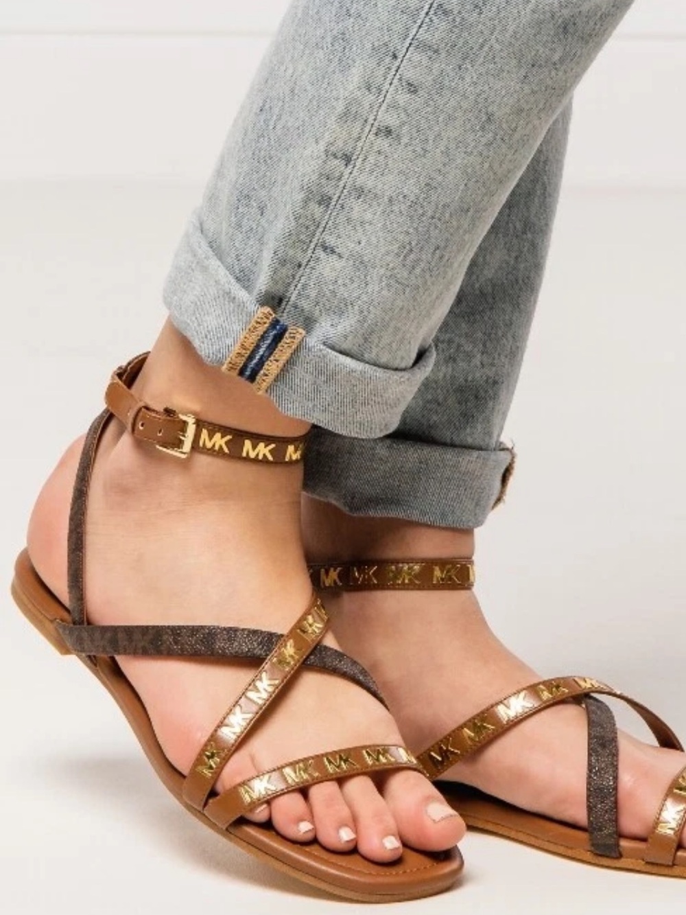 Michael Kors Brown and Gold MK Logo Strappy Sandals